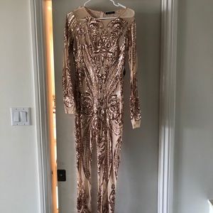 Rose Gold Victorian Sequins Mesh Unlined Jumpsuit